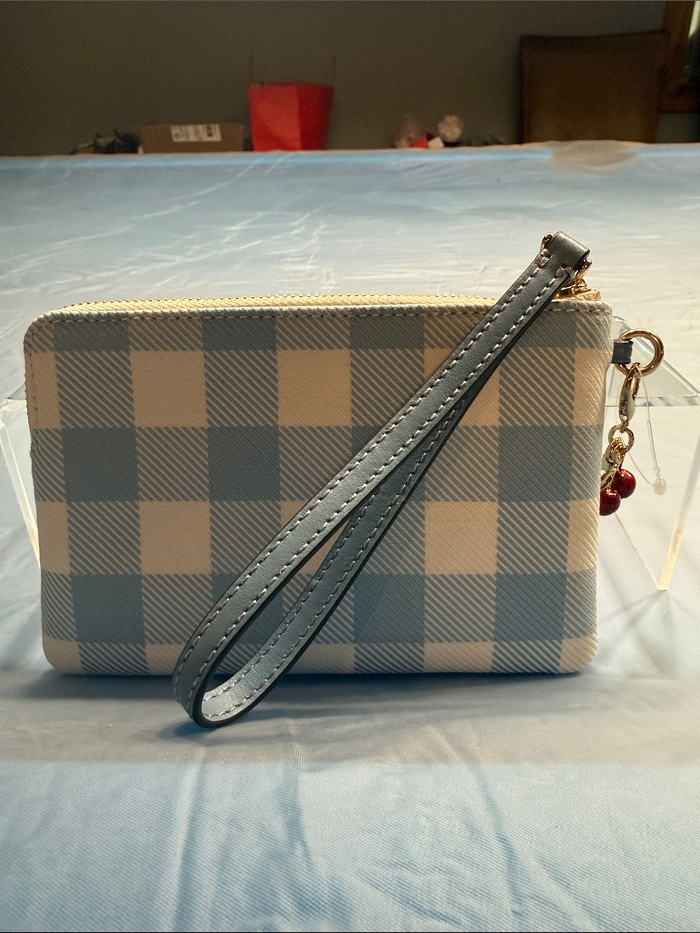 Coach Blue and White Gingham Wristlet with Cherry Charm - Picture 3 of 8